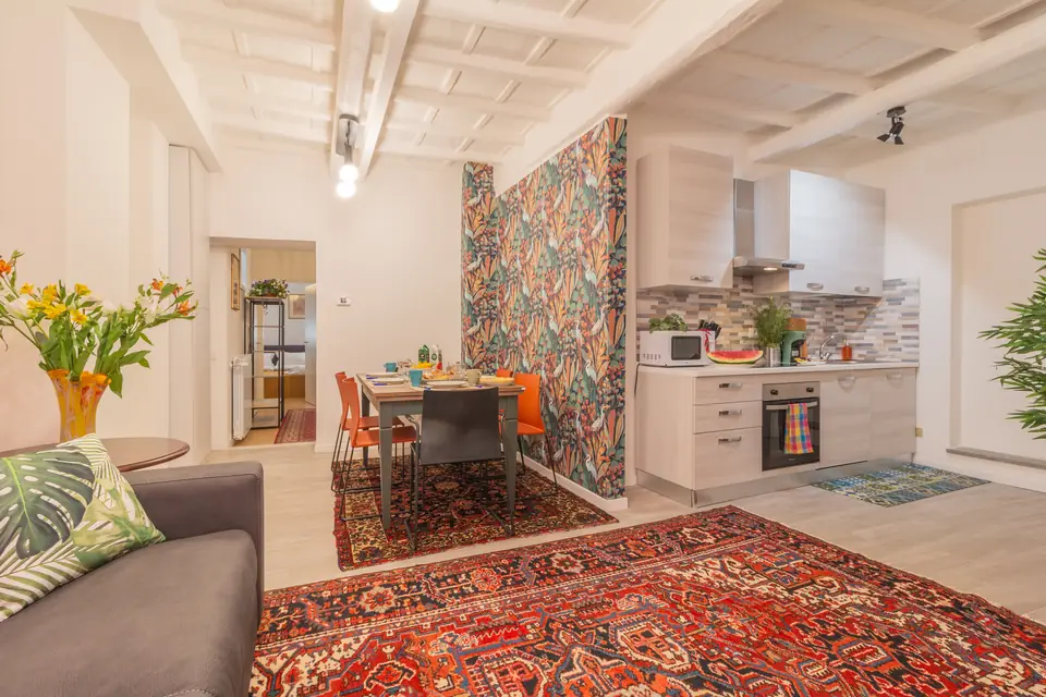 Open-plan living with the kitchen beyond